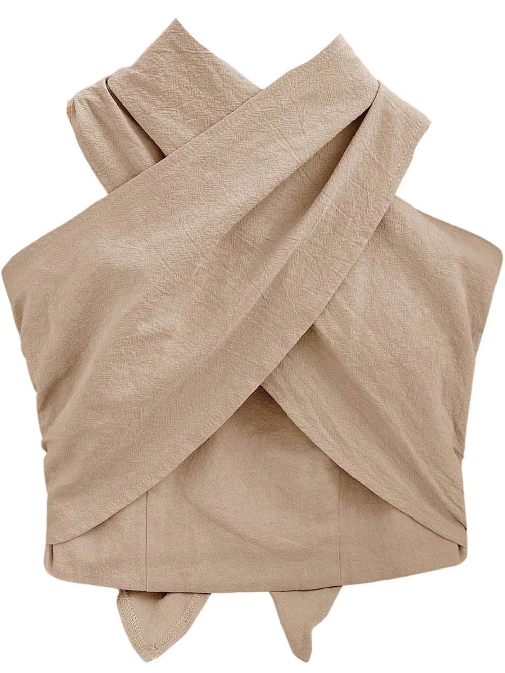 Beige Cross-Front Halter Crop Top